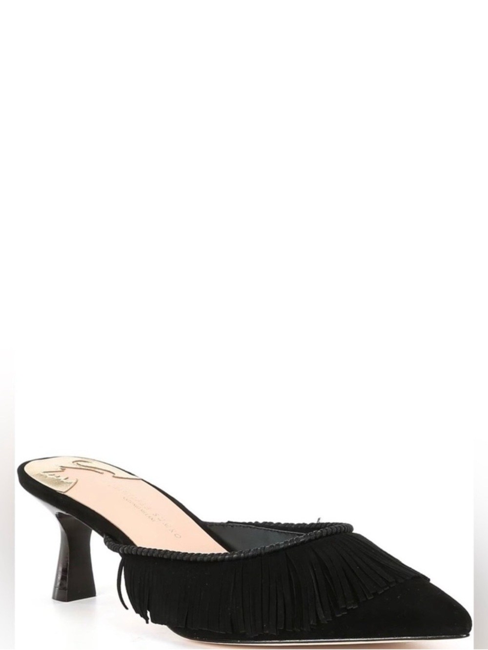 ANTONIO MELANI Black Fringe Pointed-Toe Mule Heels